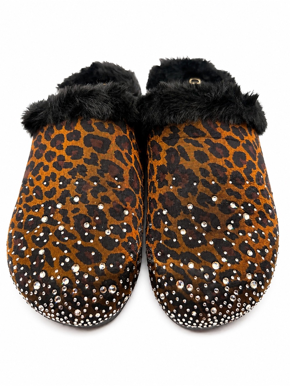 Guess Leopard Print Slip-On Slippers with Black Faux Fur Trim and Rhinestones